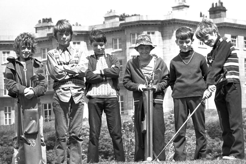 RETRO 1974 Six pals take a swing at golf on Haigh Hall's course  during the summer holidays. The lads are pictured left to right Karl Slater, Stey Statter, Tony Sharples, Ady Boardman, Bri Sharples, and Carl Statter.