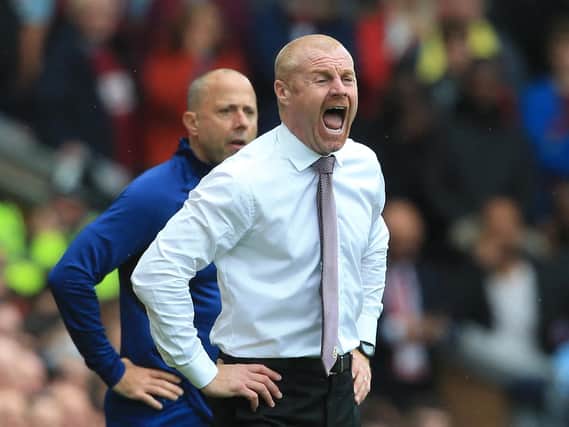 Burnley's English manager Sean Dyche reacts during the English Premier League football match between Liverpool and Burnley at Anfield in Liverpool, north west England on August 21, 2021.