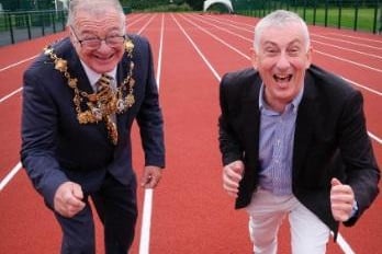 Ready, steady ... go: Sir Lindsay Hoyle MP and Mayor of Chorley Councillor Steve Holgate on the running track