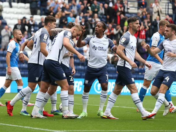 The PNE players celebrate Patrick Bauer's goal.
