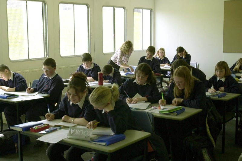 Pupils at Brigshaw High School in a portable classroom that was to become a portable school.