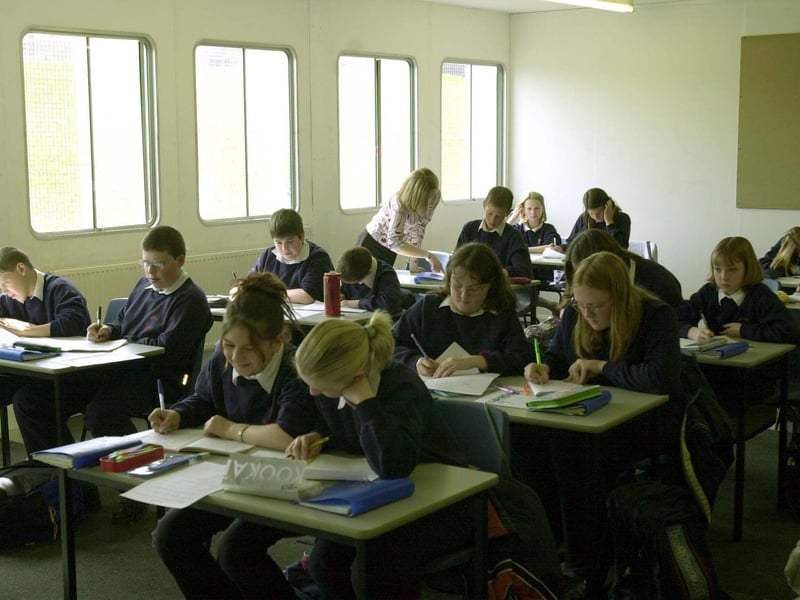 Pupils at Brigshaw High School in a portable classroom that was to become a portable school.