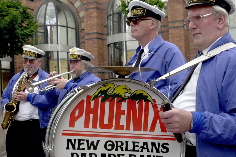 Members of Phoenix New Orleans Parade Band perform in Leeds city centre as part of the Rhythms 2000 Festival.