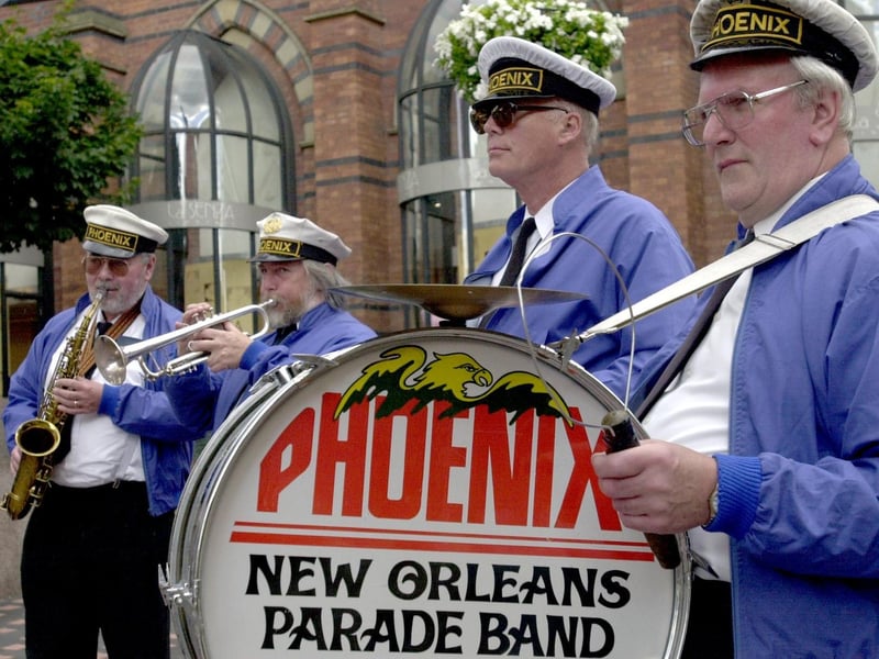 Members of Phoenix New Orleans Parade Band perform in Leeds city centre as part of the Rhythms 2000 Festival.