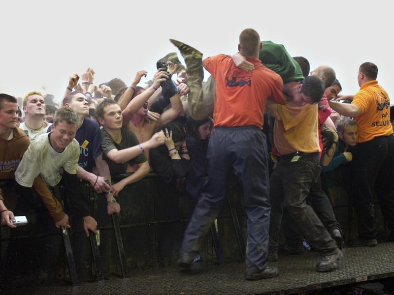 The scene at the front of main stage in August 2000.
