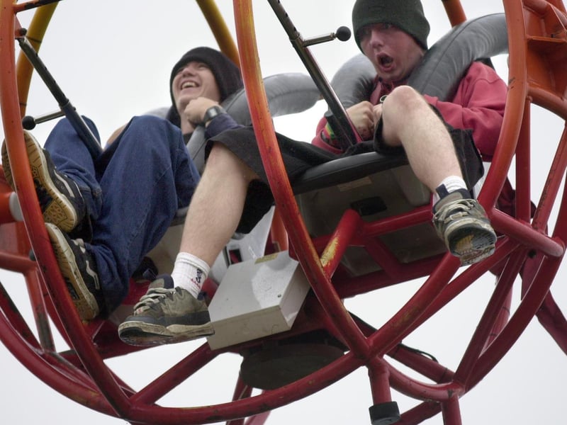 Two brave revellers take a trip on the reverse bungee ride in August 2000.