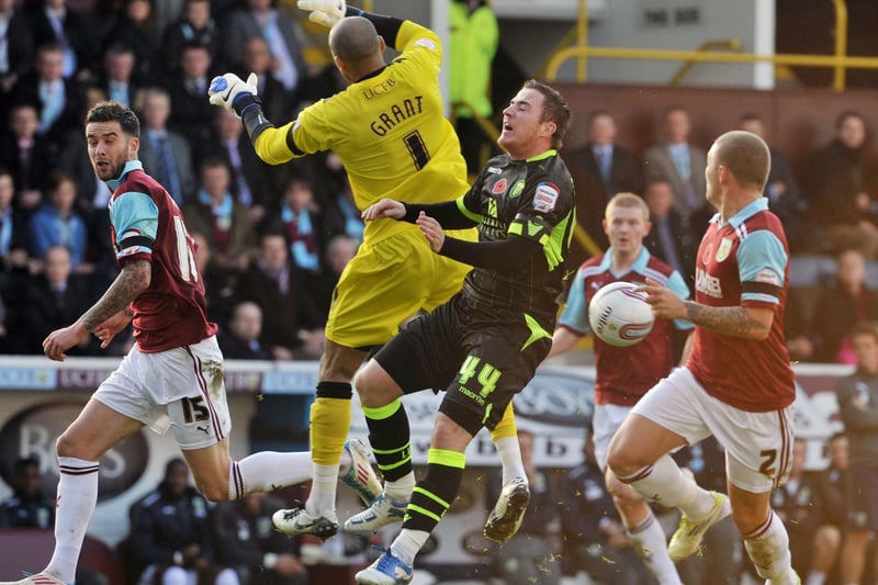 Striker Ross McCormack collides with Burnley goalkeeper Lee Grant.