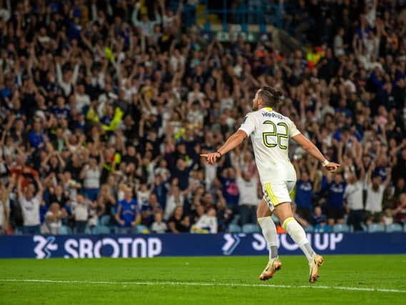 LATE DOUBLE: Whites winger Jack Harrison celebrates the second strike of his brace in front of a  sell-out Elland Road crowd. Picture by Bruce Rollinson.