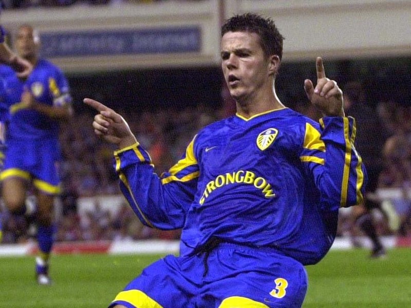 Ian Harte celebrates putting Leeds United ahead after his well places free kick eluded Arsenal goalkeeper David Seaman.