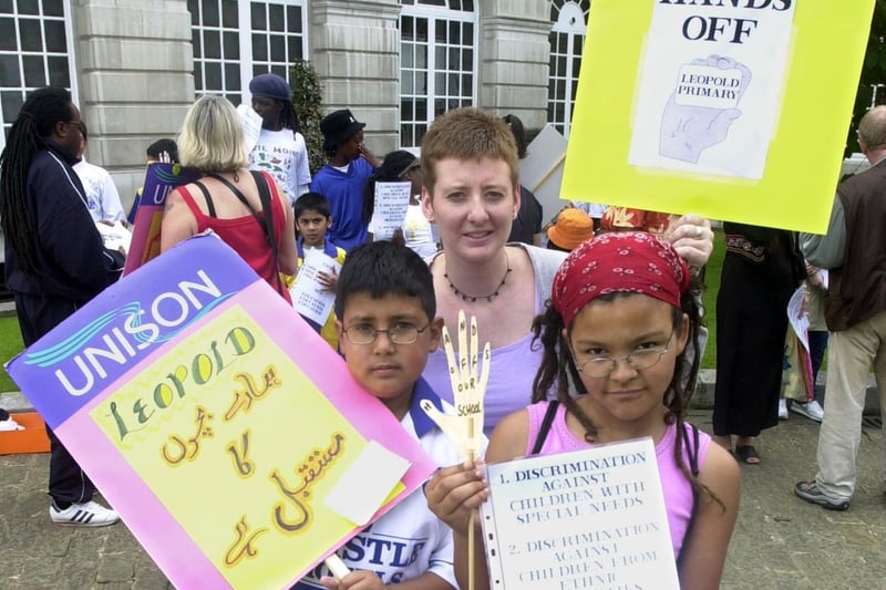 Leopold Primary was among a number of schools earmarked for closure. Pictured demonstrating at Leeds Civic Hall are, from left, Attiq Shafiq, Emma Roberts and Chama Mwape.