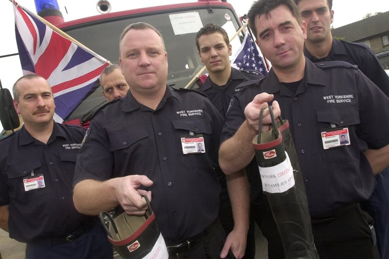 October 2001 and Otley firefighters collect funds for colleagues killed in the Twin Towers terrorist attack. Pictured are Steven Watson, Brian Smith, Jamie Newson-Smith, James Utley, Graham Newall and Michael Knox.