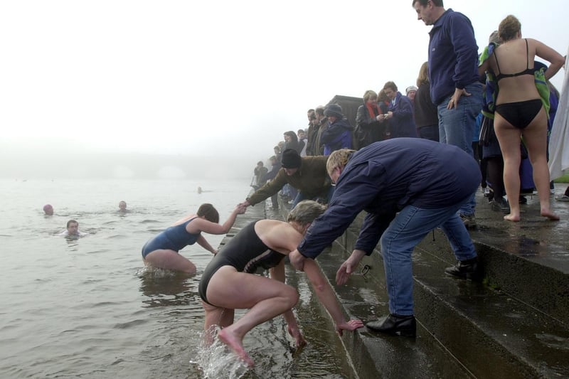 Aireborough Life Savers have their traditional New Year's Day dip in the River Aire at Otley.