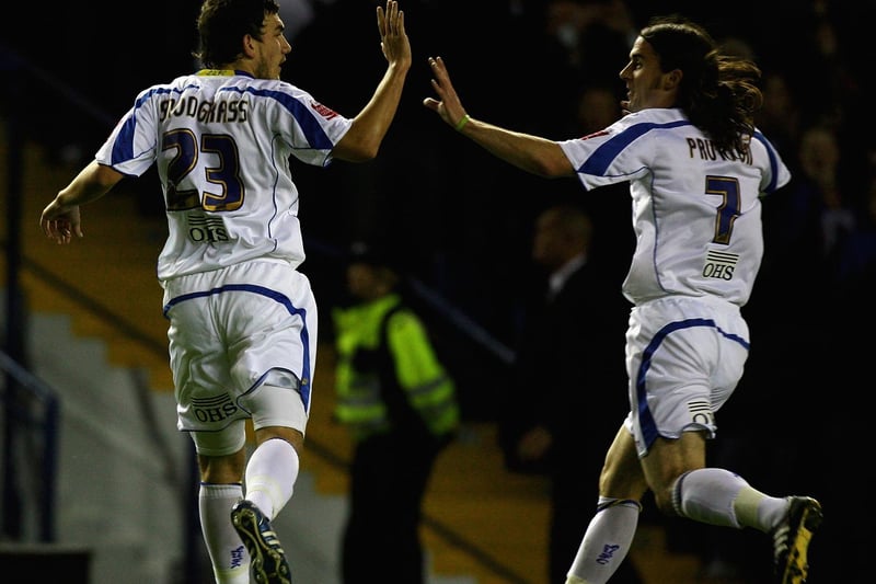 Robert Snodgrass celebrates his goal with David Prutton during the Carling Cup third round clash against Hartlepool United at Elland Road in September 2008.
