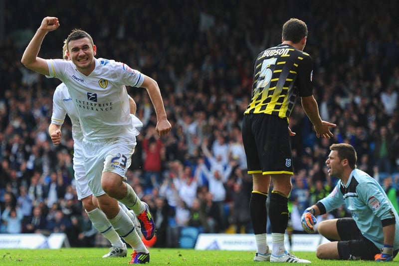 Robert Snodgrass celebrates scoring an equaliser during the Championship clash against Cardiff City at Elland Road in October 2011.