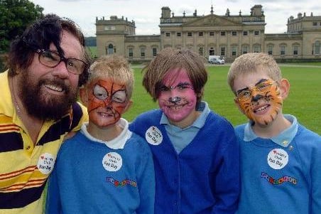 Variety Club kids day out at Harewood, Jim Royle look a like Don Leith of Wakefield with Jack Richardson, Gabrielle Ripley and Timothy Gillott of Pathways School, Castleford