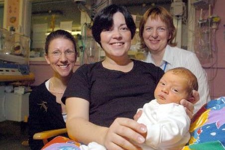 Childrens hospital launch at St James's Hospital in Leeds.
Pictured, matrons' Yvette Bartlett, right and Jill Asbury with Melanie Allen, from Wakefield and her newly born son Alexander.