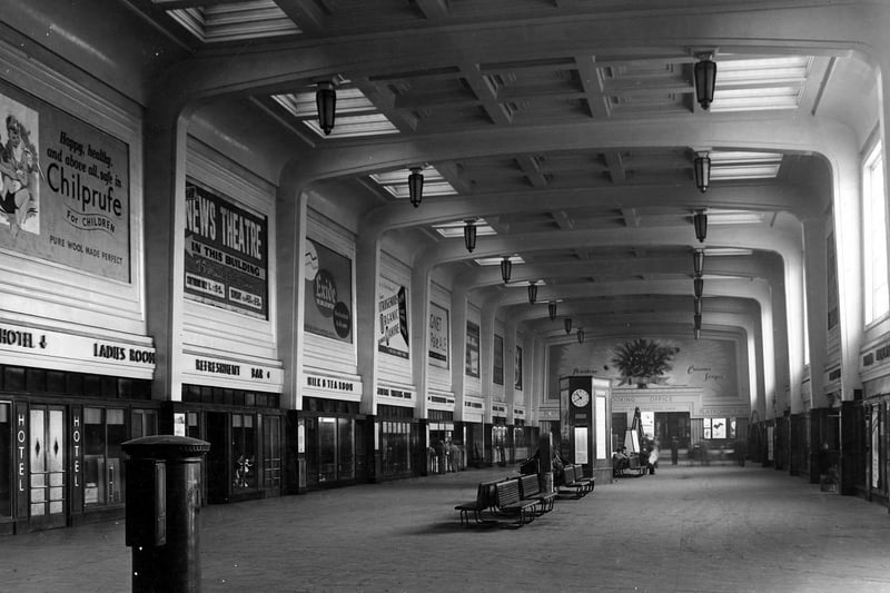 View of the station concourse of Leeds City Station, seen from the entrance on New Station Street and looking towards the booking offices in October 1952.