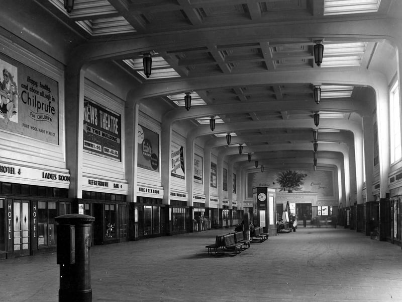 View of the station concourse of Leeds City Station, seen from the entrance on New Station Street and looking towards the booking offices in October 1952.