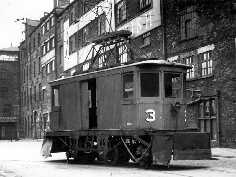 Sovereign Street in March 1952 showing snow sweeper no.3, one of Leeds City Tramways works cars designed to clear snow from the tracks.