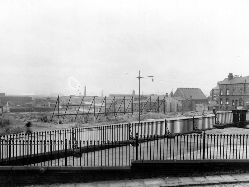 Park Lane in February 1952. In the foreground is the school yard of Park Lane school, enclosed by ornate railings. Marlborough Street can be seen running down from the right to meet West Street.