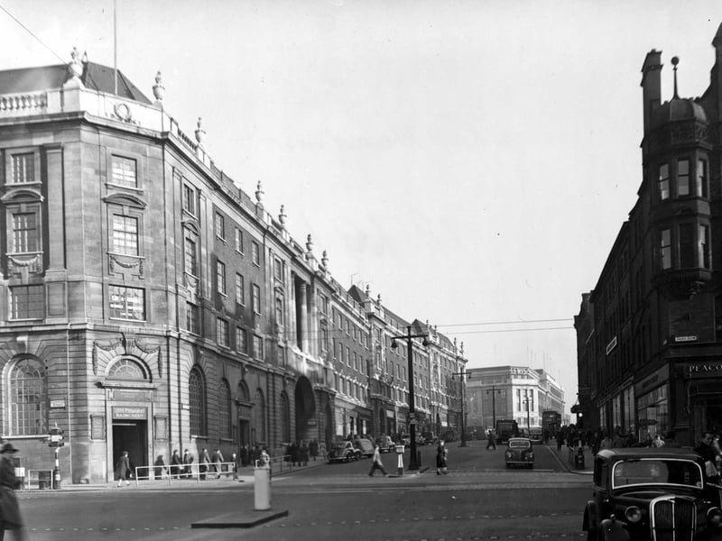 The Headrow, near its junction with Cookridge Street, showing The Leeds Permanent Building Society in November 1952.