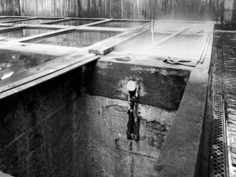 Joppa Tannery on Kirkstall Road in June 1952. An old tan pit can be seen, the sides were formed of stone slabs. The tannery was established here in the late 1820s by Richard Nickols.