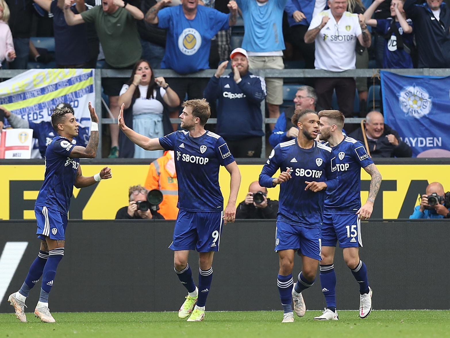 ALL SQUARE: Patrick Bamford, second from left, and his Leeds United team mates celebrate the striker's late equaliser in Sunday's 1-1 draw at Burnley. Photo by George Wood/Getty Images.