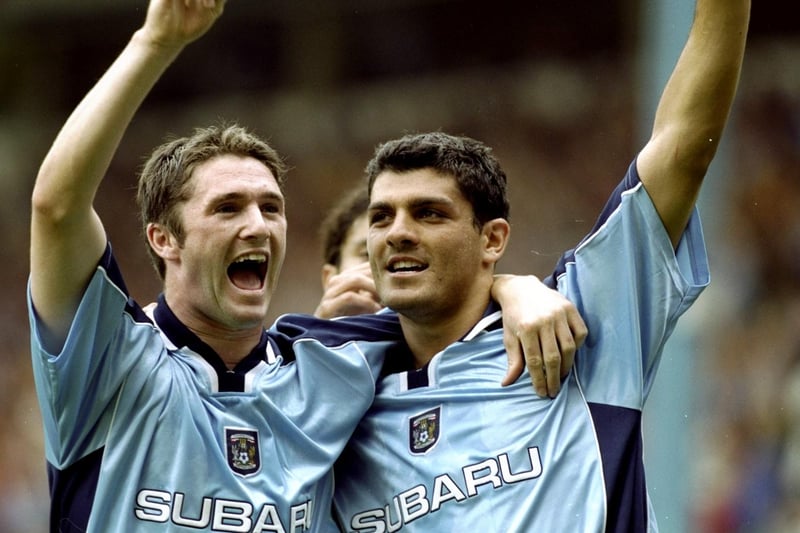 John Aloisi (right) celebrates his goal and Coventry City's third with teammate Robbie Keane.