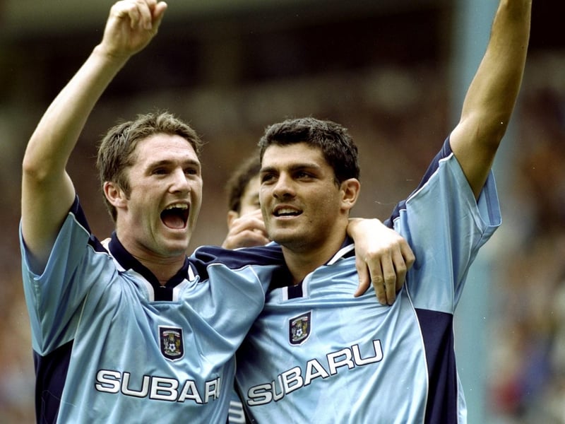 John Aloisi (right) celebrates his goal and Coventry City's third with teammate Robbie Keane.