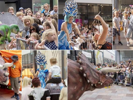 The event, in a collaboration with Wakefield BID, included a triceratops, baby dinosaurs and dramatic stilt walkers.