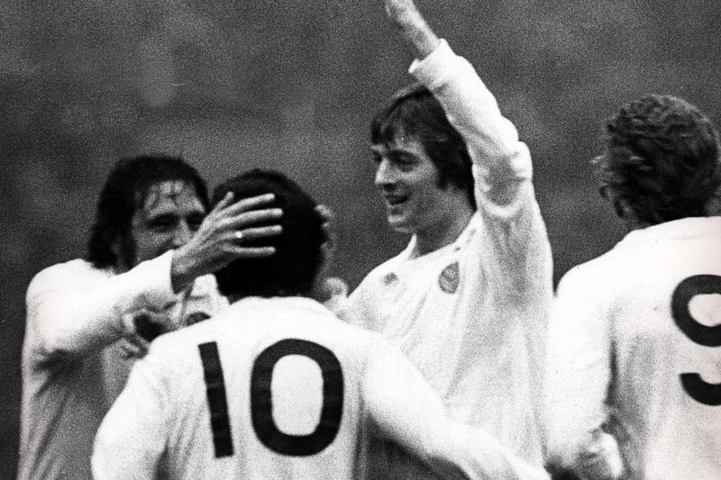 Mick Bates is congratulated by his teammates after scoring for Leeds United.
