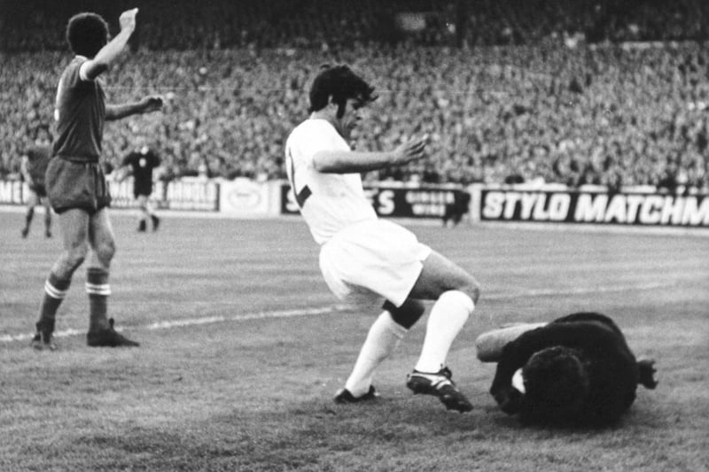 Juventus goalkeeper Roberto Tancredi saves at the feet of Mick Bates during the second leg of the Fairs Cup Final at Elland Road.
