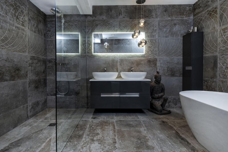 A house bathroom with twin basin feature.