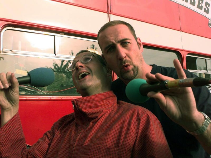 Mark Radcliffe, left, and Marc 'Lard' Riley broadcast their Radio 1 show from the BBC car park in Woodhouse Lane.