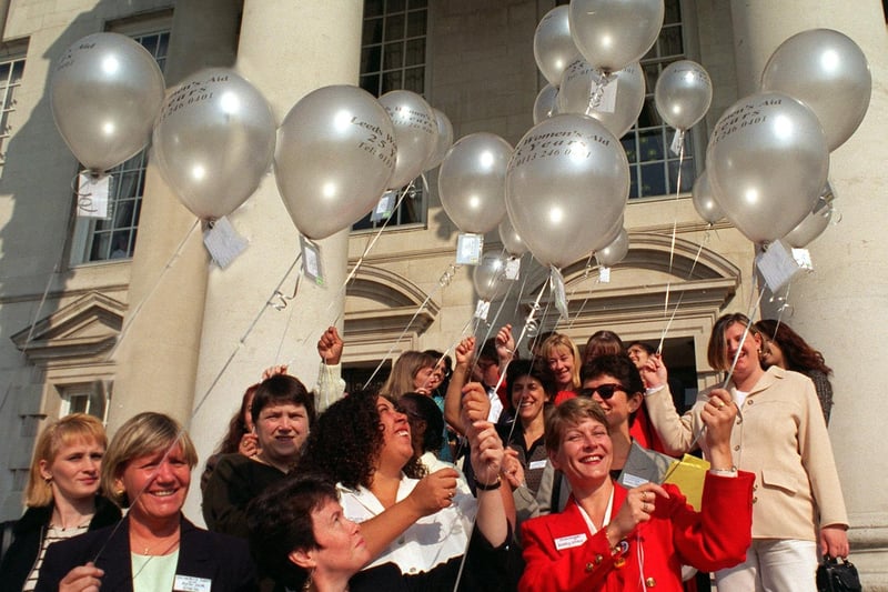 Leeds Women's Aid released 25 silver balloons on the steps of Leeds Civic Hall to mark their 25th anniversary. They were at the time the largest domestic violence refuge in the country.
