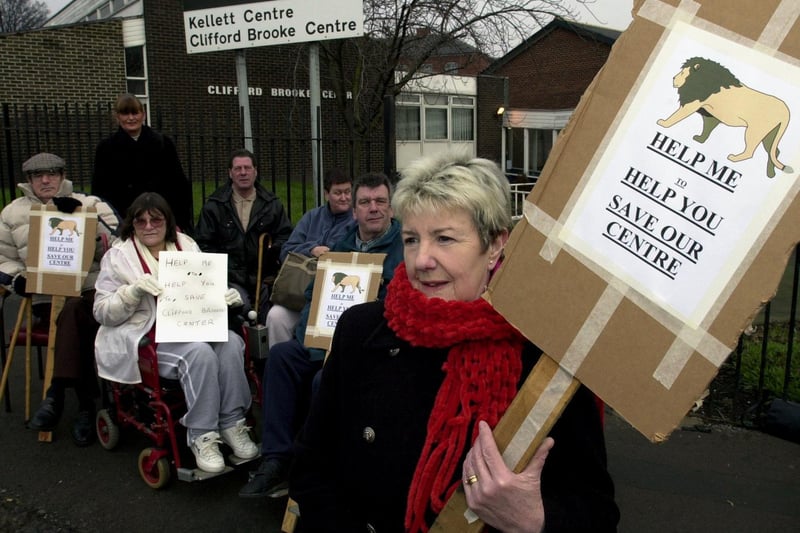 Parents and members of the closure-threatened Clifford Brooke Centre demonstrate outside the building in Sheepscar in February 2003.
