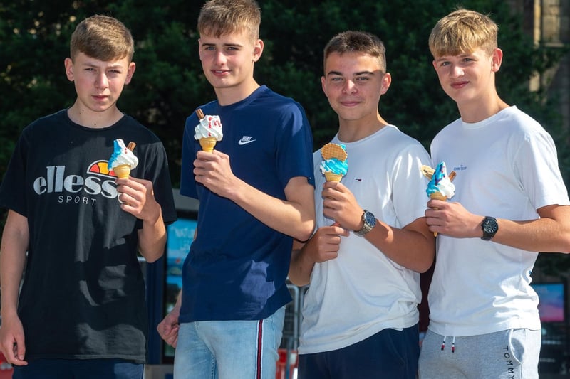 Mackenzie Oldfield, Oscar Bromley, Jay Kelsey, and Connor Gelder, cooling down with an ice-cream in Leeds city centre.