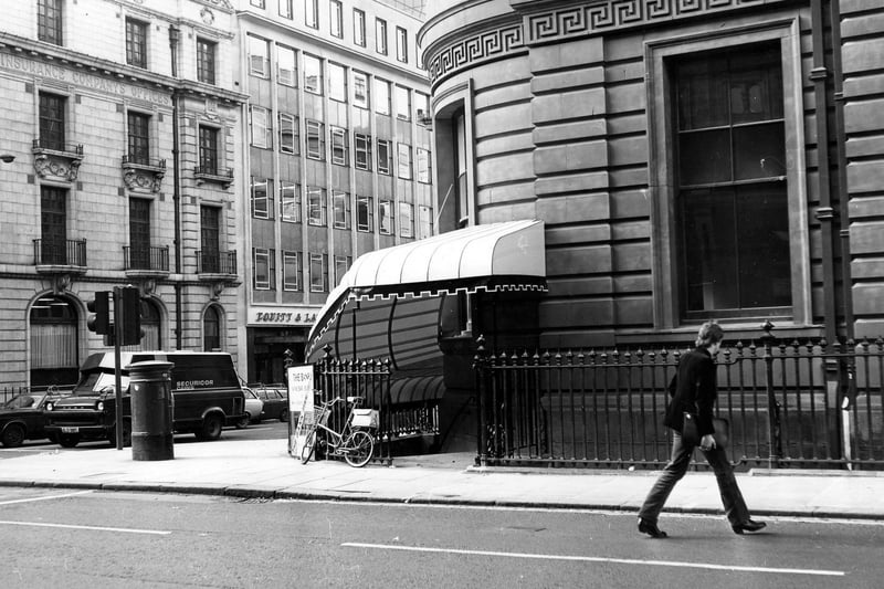 Park Row at the junction with South Parade - where the Securicor van is seen -  in January 1979. A bike is parked outside railings and pictured is an entrance to The Bank, a soon to open new wine bar.