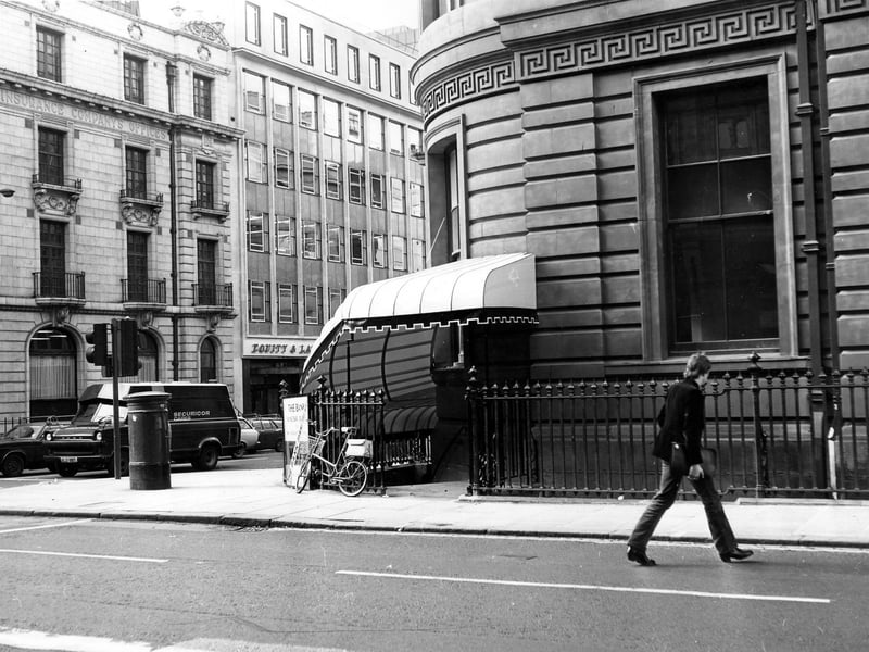 Park Row at the junction with South Parade - where the Securicor van is seen - in January 1979. A bike is parked outside railings and pictured is an entrance to The Bank, a soon to open new wine bar.