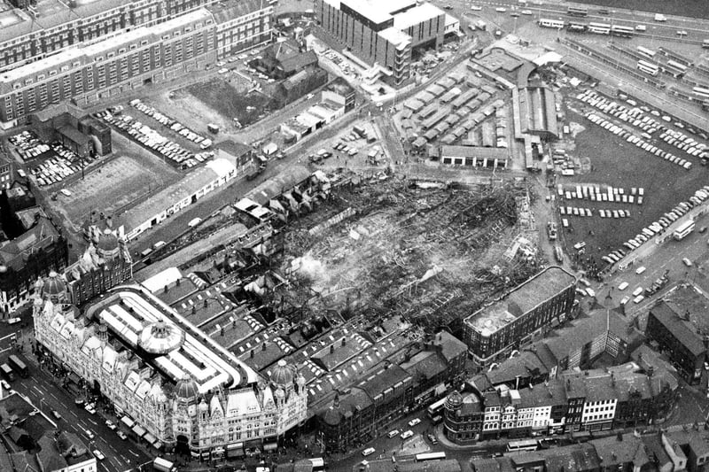 An aerial view showing the destruction caused by a fire at Kirkgate Market in Dece,mber 1975. Around four acres of the site was destroyed in the blaze which took 110 fireman two hours to control.