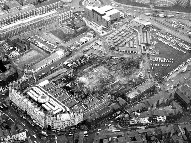An aerial view showing the destruction caused by a fire at Kirkgate Market in Dece,mber 1975. Around four acres of the site was destroyed in the blaze which took 110 fireman two hours to control.