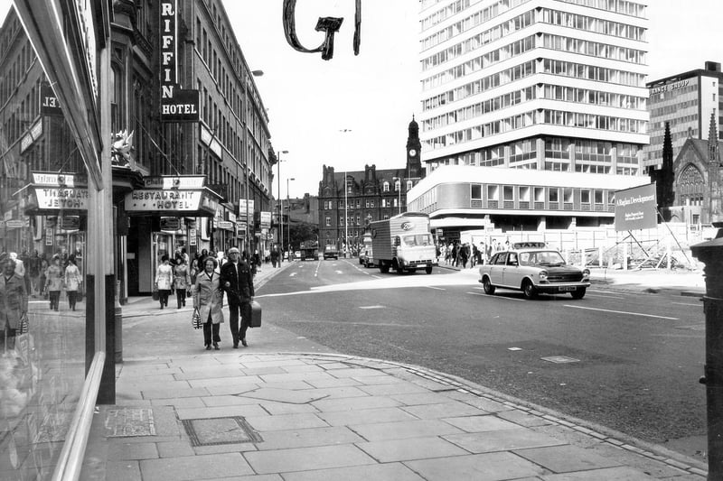 Boar Lane looking west towards City Square in September 1974. On the left is the junction with Mill Hill, then the Griffin Hotel.