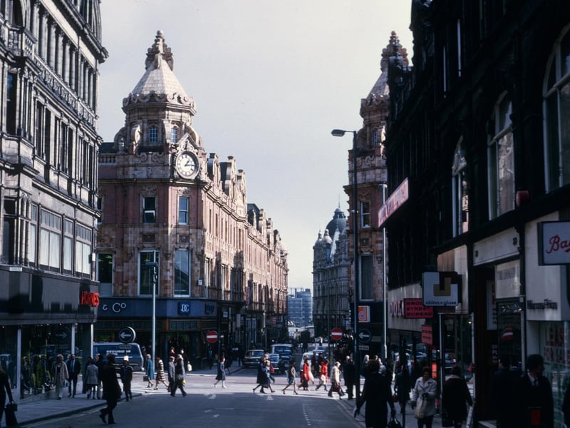 Albion Place looking east across Briggate towards King Edward Street in March 1975.