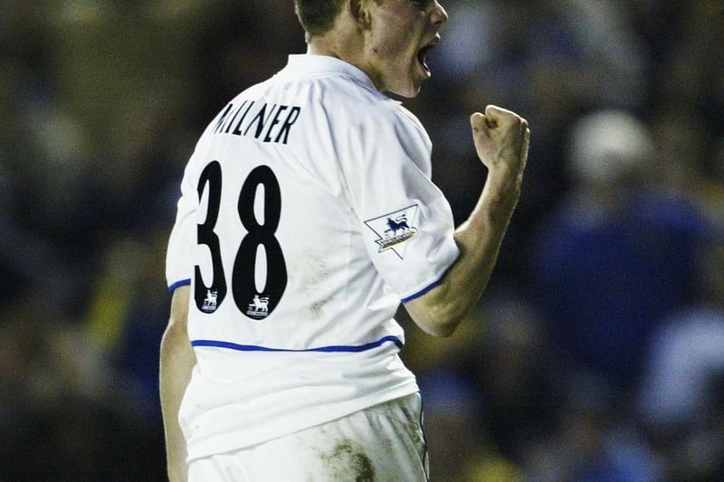 James Milner celebrates after scoring Leeds United third goal during the Premiership clash against Wolverhampton Wanderers at Elland Road in February 2004. The Whites won 4-1.