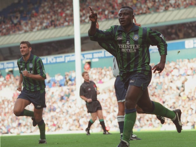 Not long after the birth of the concept of a third kit, Leeds came up with this navy and green stripy number, the first time that the Whites had diverged from their usual colour palette of white, yellow and blue.
Not one for the traditionalists, but the strip enjoyed three seasons at Elland Road, became an icon of the 90s and was resurrected for Leeds United’s away kit in 2020/2021.