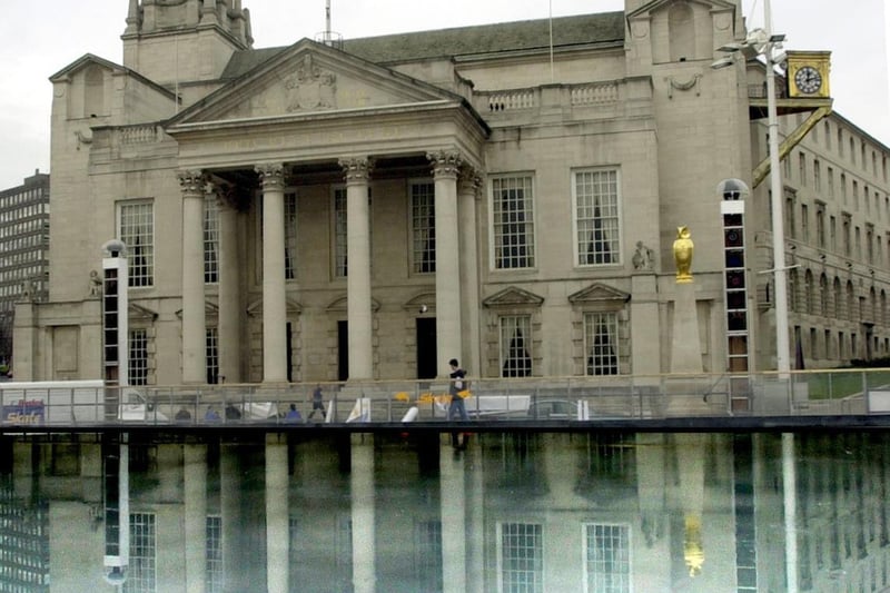 January 2002 and Leeds Civic Hall is reflected in the ice as Millennium Square, prepared the host The Ice Cube attraction.