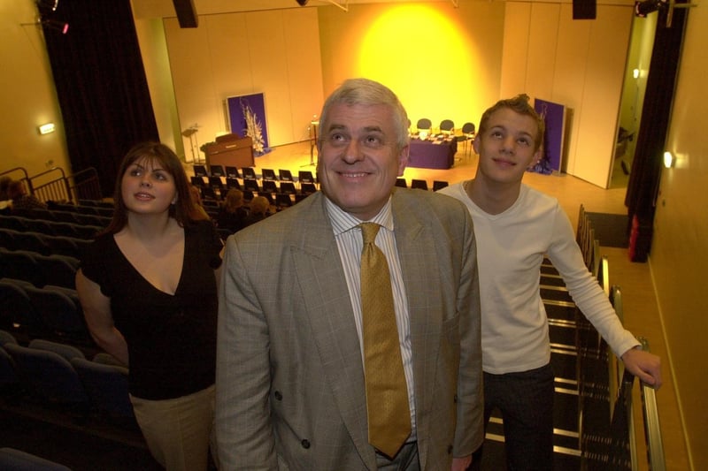 Chairman of Education Leeds, Peter Ridsdale opens the new, £8 million school building at Brigshaw High in December 2002. He is pictured with pupils Charlotte Orr and Matt Hill.