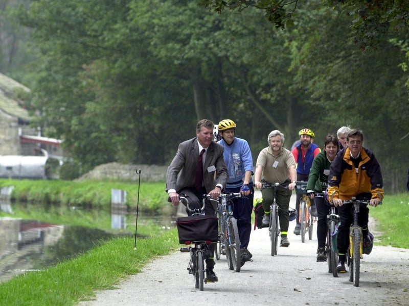 Supporters ride along the newly-restored Leeds Liverpool Canal towpath between Leeds and Saltaire in September 2002.