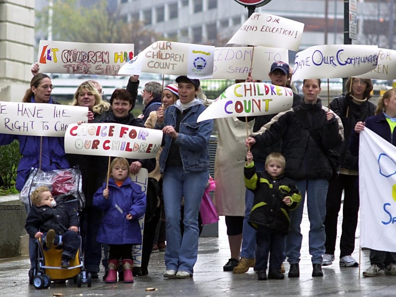 Parents, children and governors of closure-threatened Miles Hill Primary School demonstrated outside the Civic Hall in November 2002.