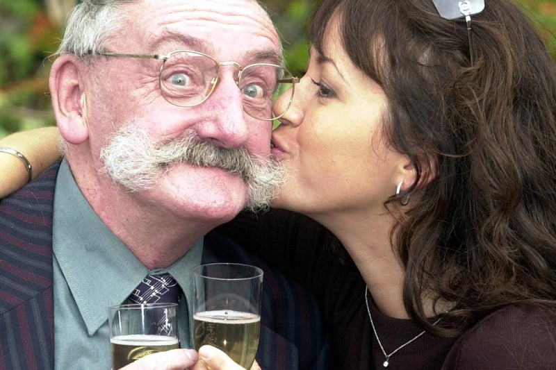 Emmerdale was celebrating its 30th birthday. Pictured is Sheree Murphy (Tricia Stokes) planting a kiss on Stan Richards (Seth Armstrong).